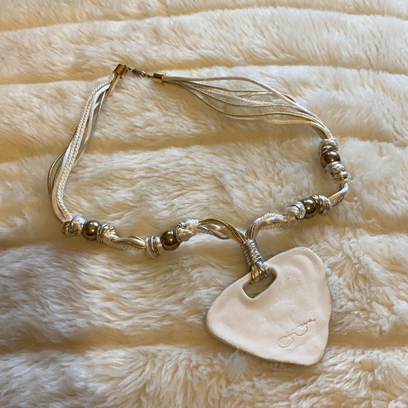 Vtg 80s necklace Artisan metallic gold pottery sculpture pendant choker - Picture 9 of 10